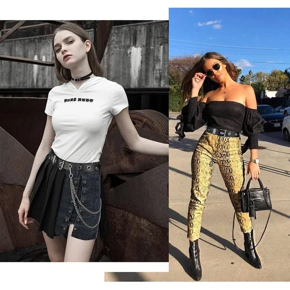 Grommet Leather Belt Detachable Chain Women Men Punk Rock Waist Belts for Pants - Picture 5 of 7